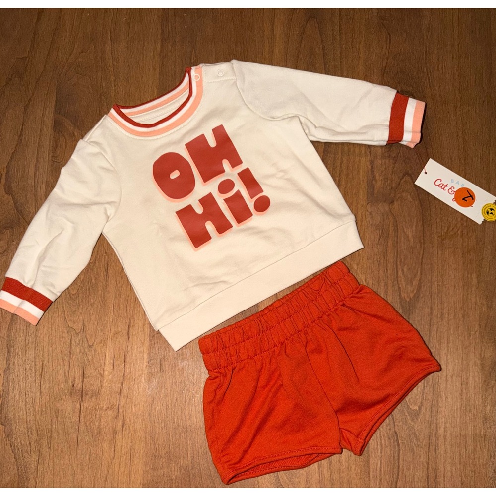Cat & Jack Baby OH HI Sweatshirt and Shorts Set Orange Cream Size 3-6M NWT